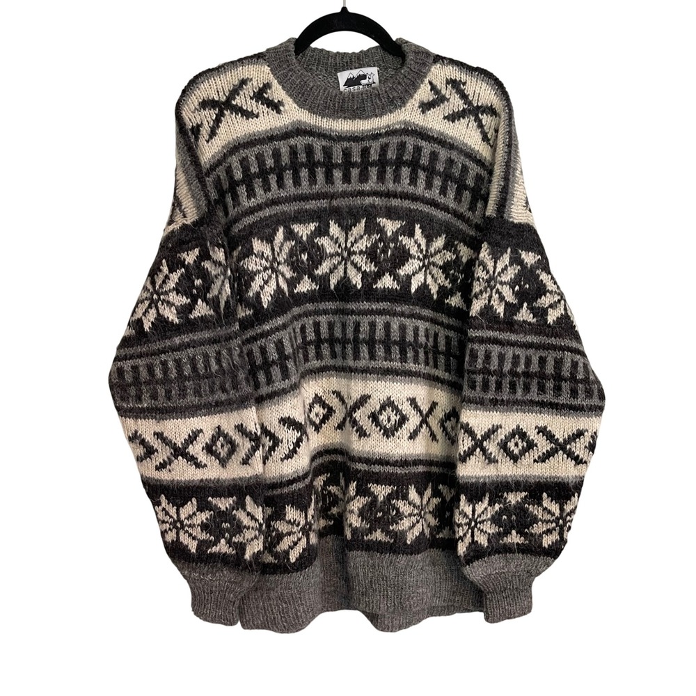 Casa 100% Alpaca Wool Handknit Fair Isle Sweater Mens Large Grey Nordic Bolivia